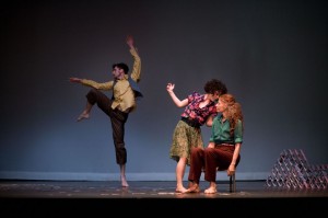 Photo by Jori Ketten. Dance Exchange artists Matthew Cumbie, Sarah Levitt, and Shula Strassfeld (in order) in Cassie Meador's How To Lose a Mountain